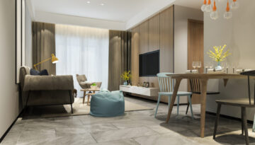 3d rendering loft luxury living room with shelf near dining table