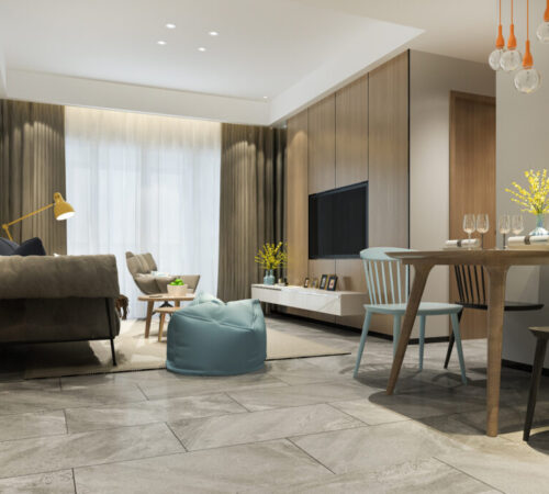 3d rendering loft luxury living room with shelf near dining table